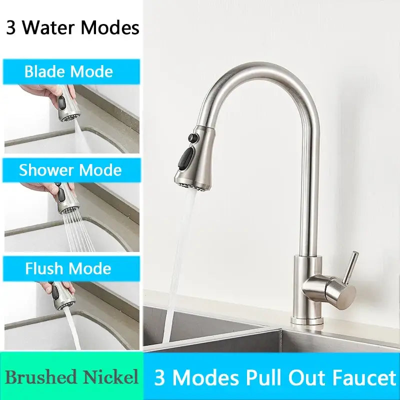 Brushed nickel pull out kitchen faucet with arched spray head