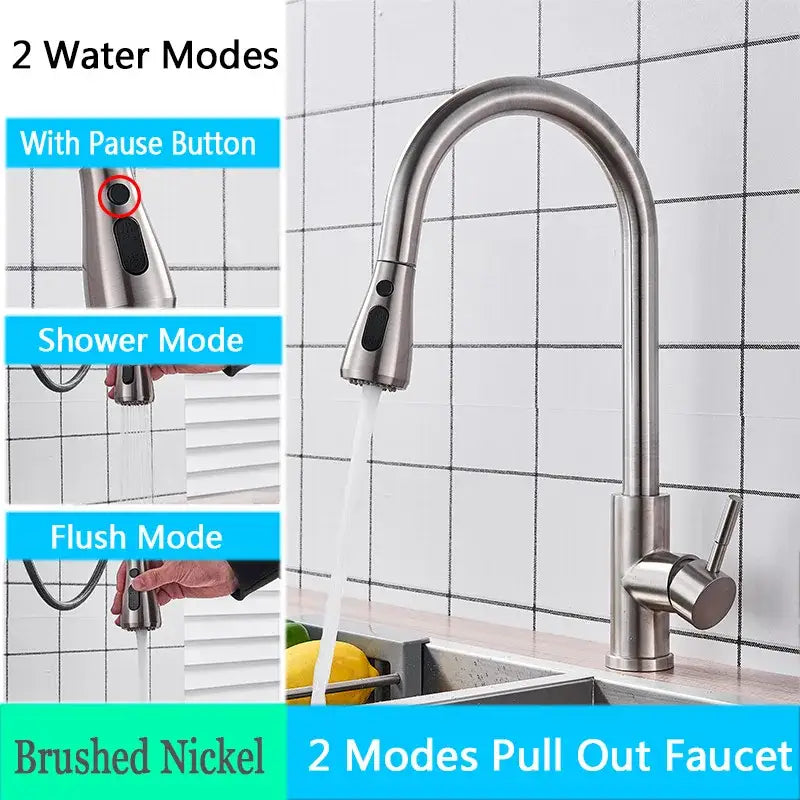 Brushed nickel pull out kitchen faucet with arched spray head