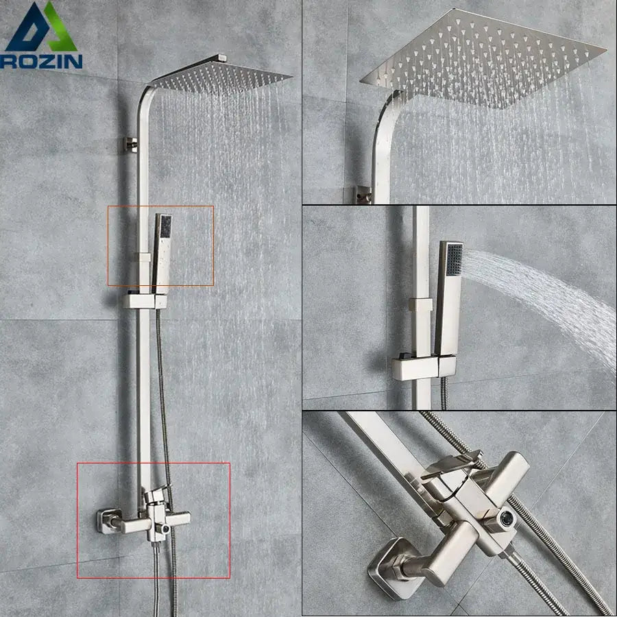 Brushed nickel rain shower system with handheld spray for bathroom