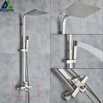 Brushed nickel rain shower system with handheld spray for bathroom