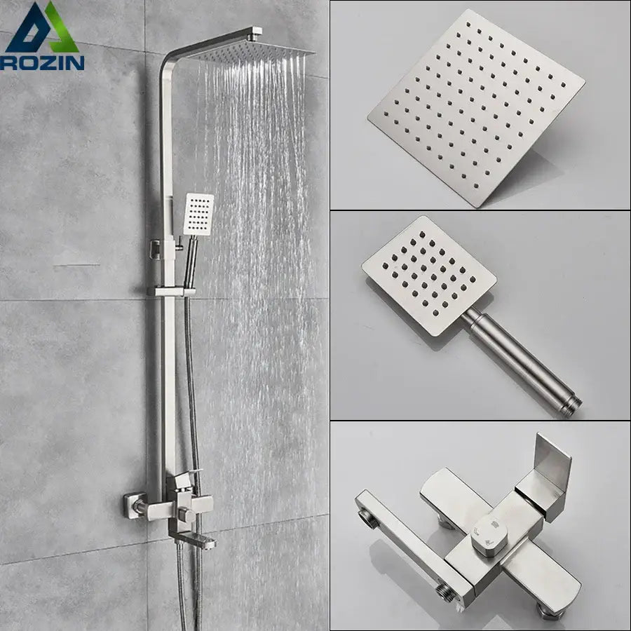 Brushed nickel rain shower system with handheld spray for bathroom