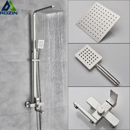 Brushed nickel rain shower system with handheld spray for bathroom