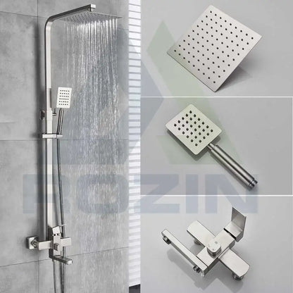 Brushed nickel rain shower system with handheld spray for bathroom