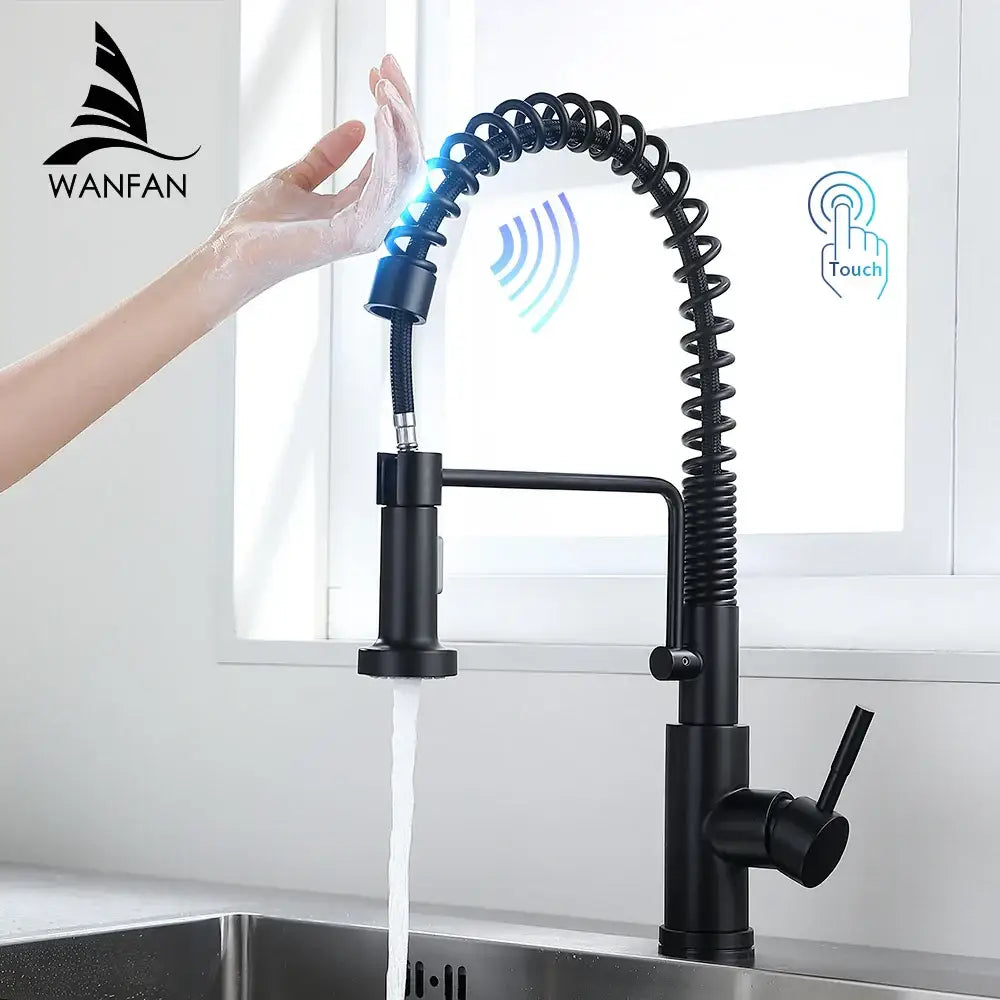 Brushed nickel sensor kitchen faucet with flexible pull down spray