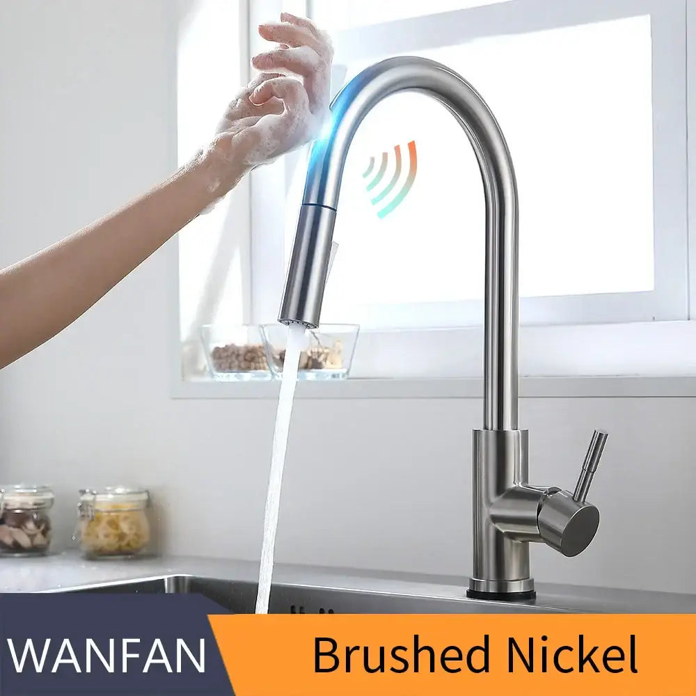 Brushed nickel sensor kitchen faucet with flexible pull down spray
