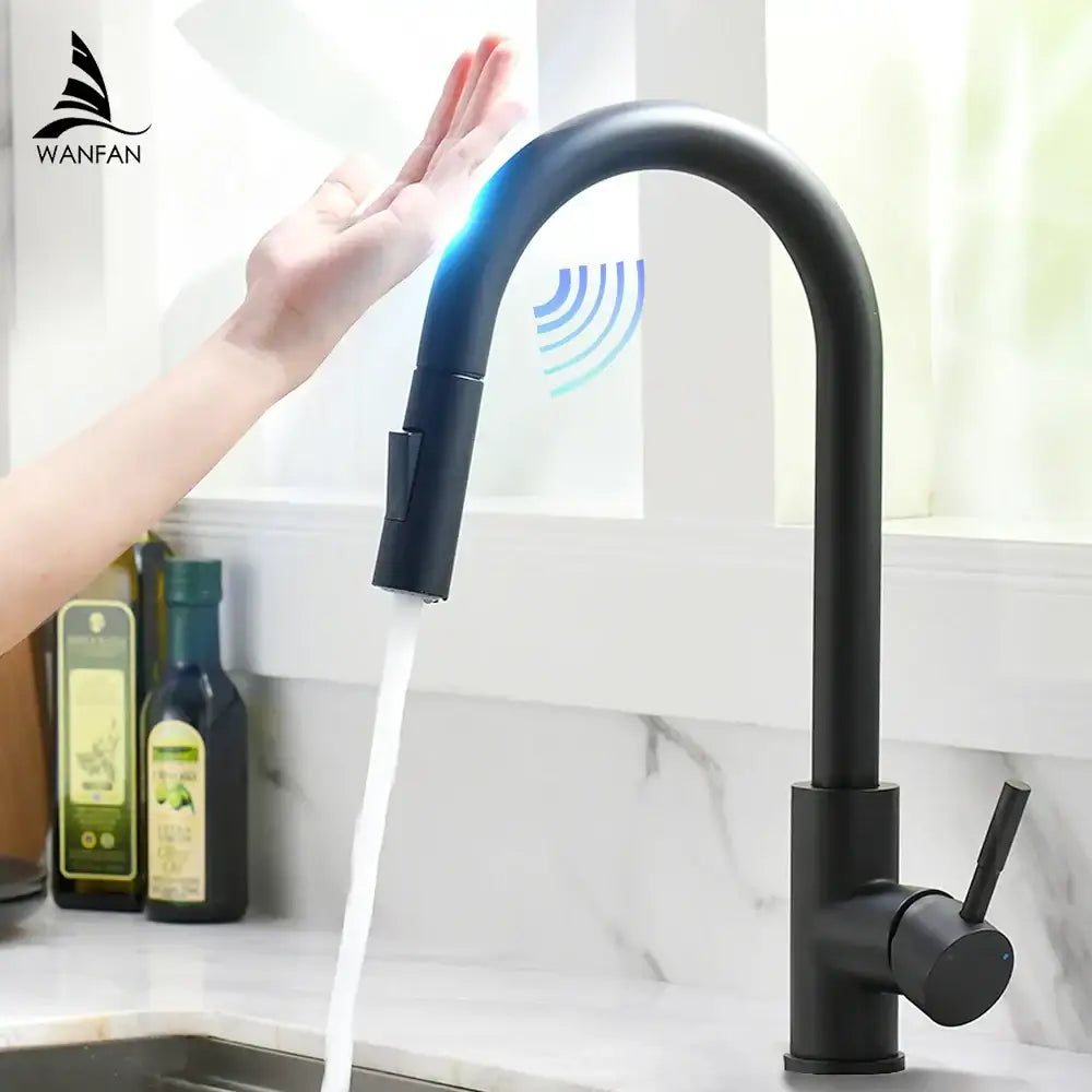 Brushed nickel sensor kitchen faucet with flexible pull down spray