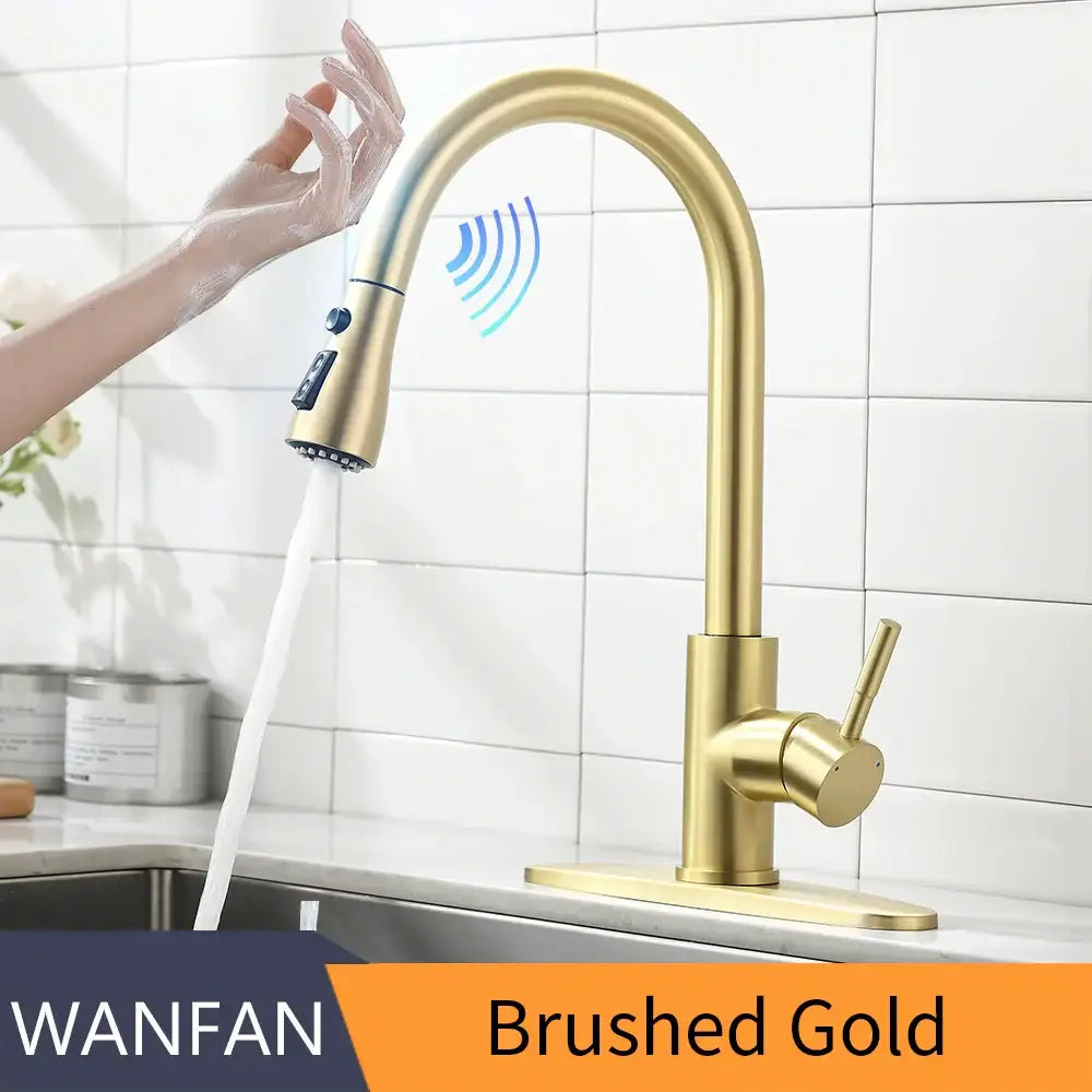 Brushed nickel sensor kitchen faucet with flexible pull down spray