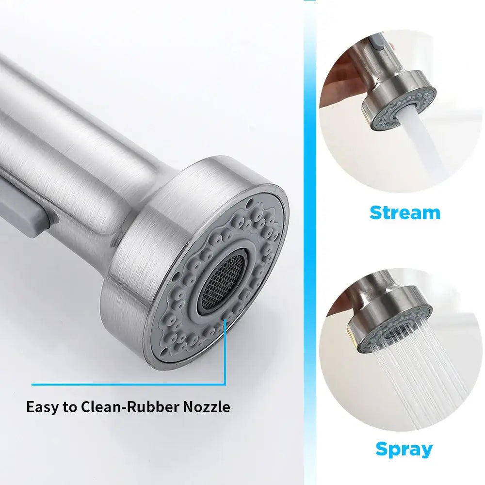 Brushed nickel sensor kitchen faucet with flexible pull down spray