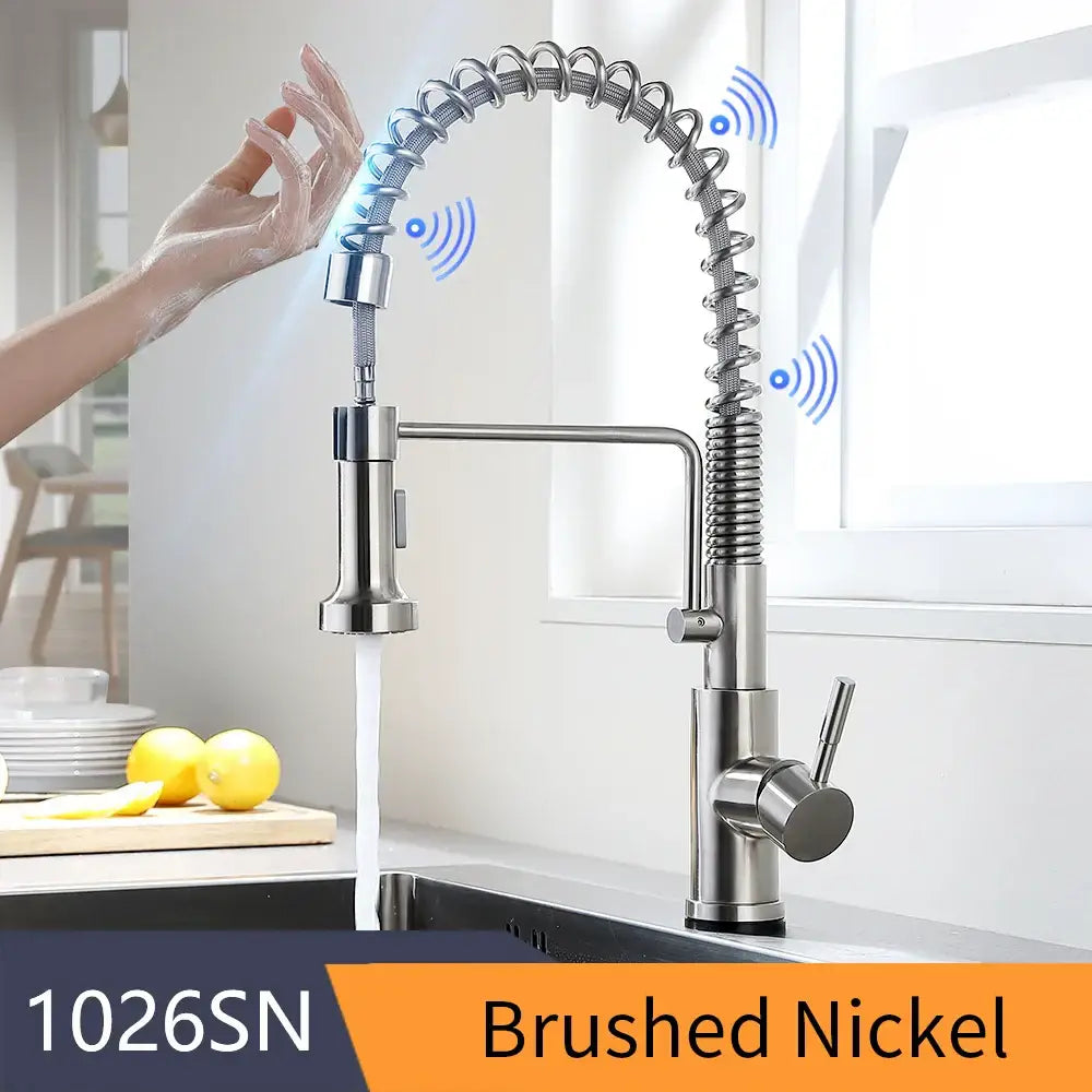 Brushed nickel sensor kitchen faucet with flexible pull down spray