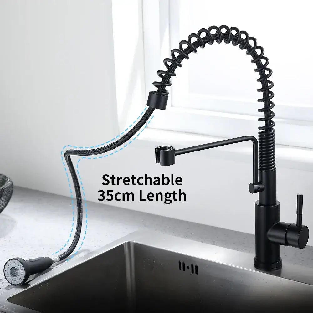 Brushed nickel sensor kitchen faucet with flexible pull down spray