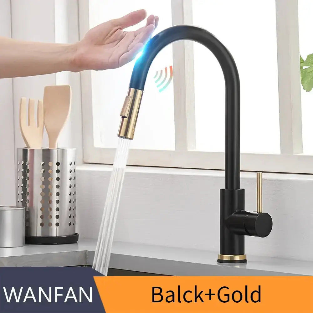 Brushed nickel sensor kitchen faucet with flexible pull down spray