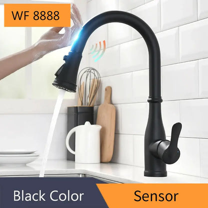 Brushed nickel sensor kitchen faucet with flexible pull down spray