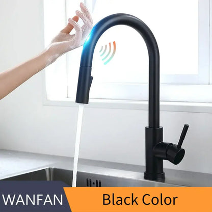 Brushed nickel sensor kitchen faucet with flexible pull down spray