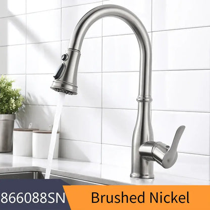 Brushed nickel single handle pull out kitchen faucet