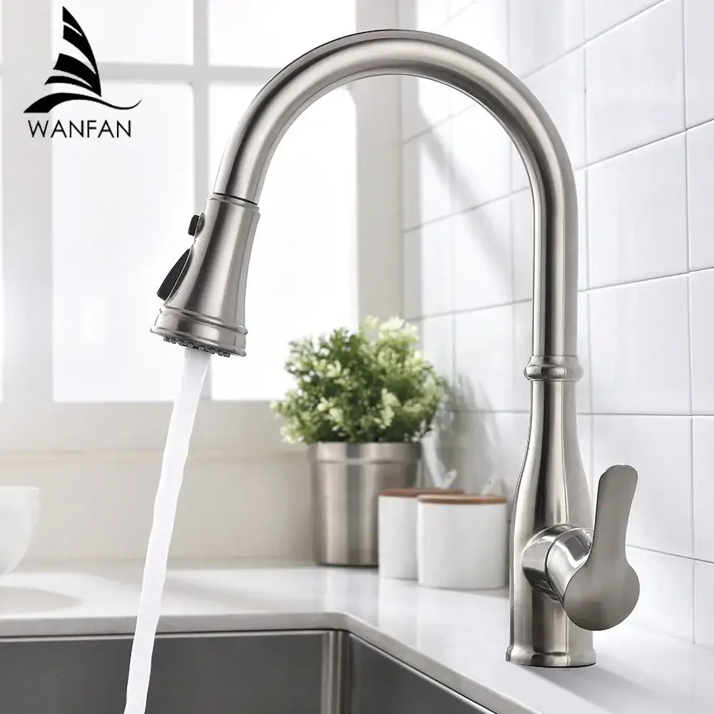 Brushed nickel single handle pull out kitchen faucet