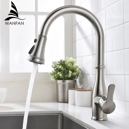 Brushed nickel single handle pull out kitchen faucet