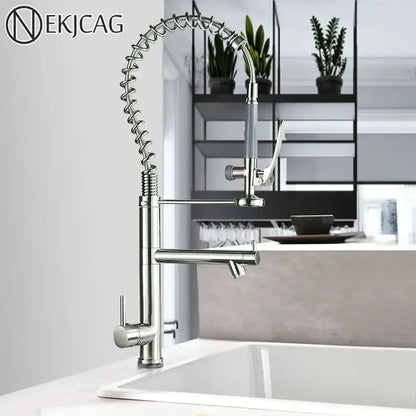 Brushed nickel spring kitchen faucet with pull down spray head