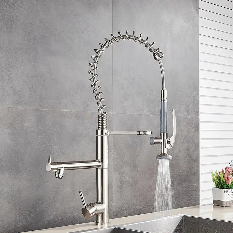 Brushed nickel spring kitchen faucet with pull down spray head