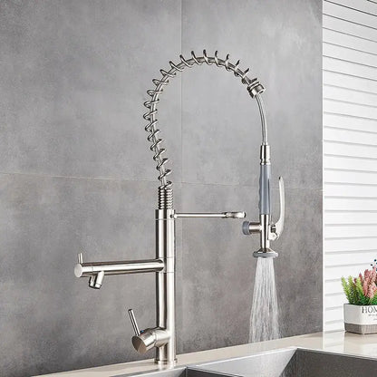 Brushed nickel spring kitchen faucet with pull down spray head