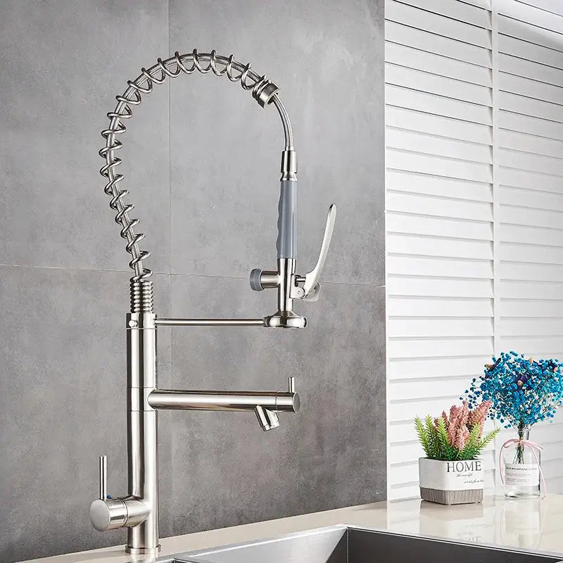 Brushed nickel spring kitchen faucet with pull down spray head