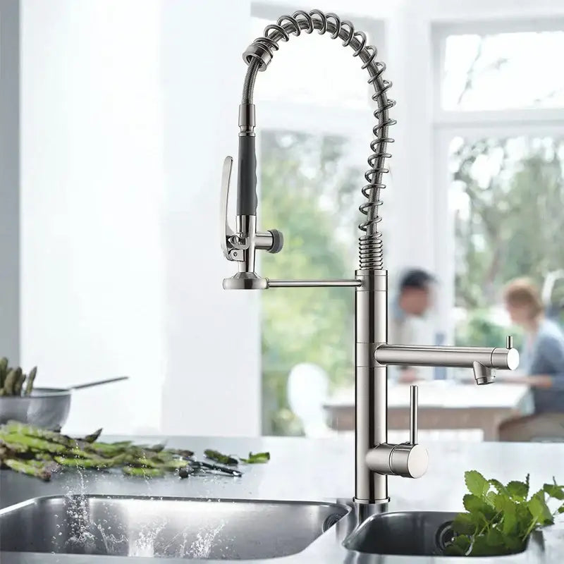 Brushed nickel spring kitchen faucet with pull down spray head