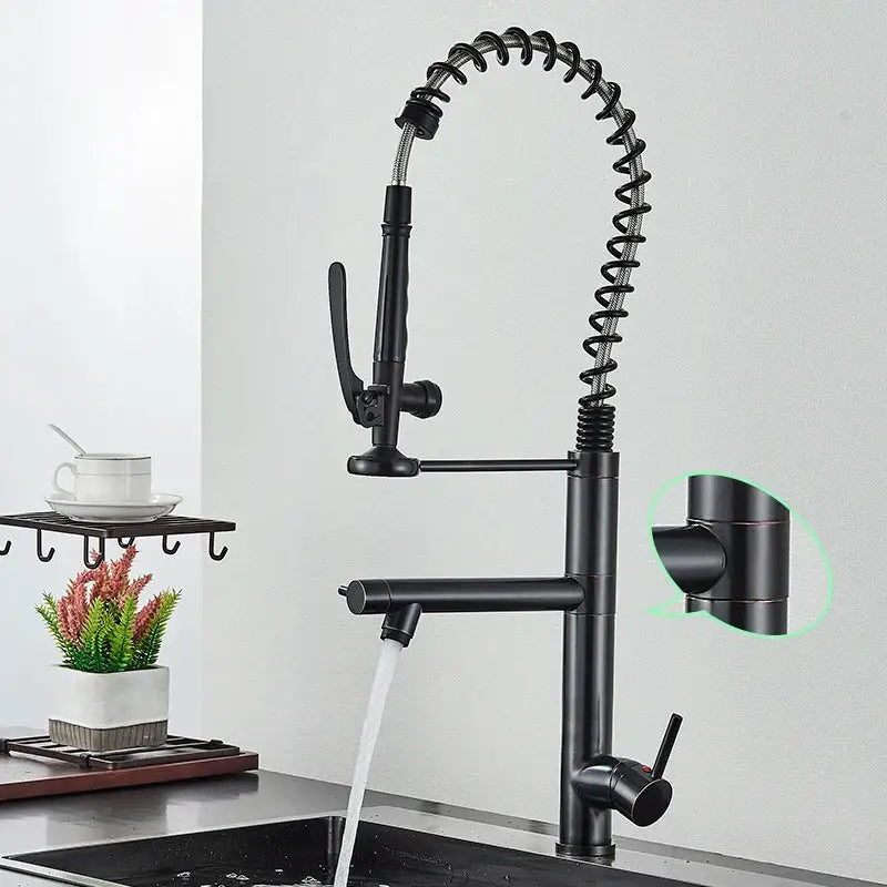 Brushed nickel spring kitchen faucet with pull down spray head