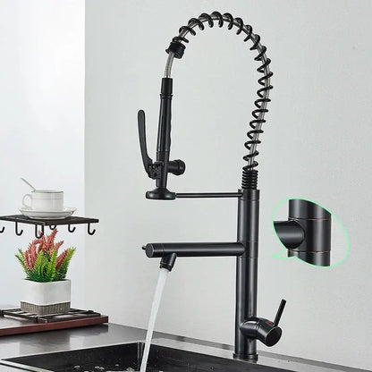 Brushed nickel spring kitchen faucet with pull down spray head