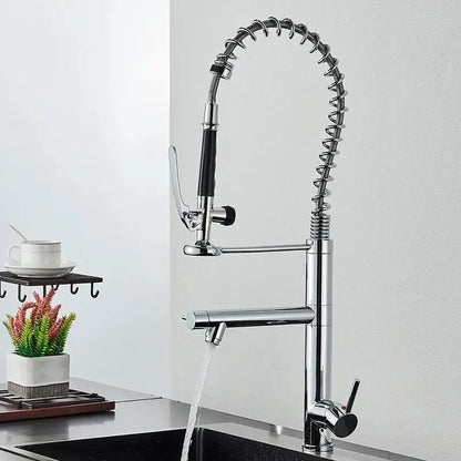 Brushed nickel spring kitchen faucet with pull down spray head