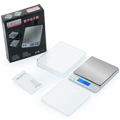 Brushed silver digital kitchen jewelry scale with blue lcd display