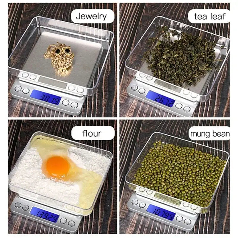 Brushed silver digital kitchen jewelry scale with blue lcd display