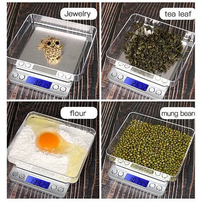 Brushed silver digital kitchen jewelry scale with blue lcd display