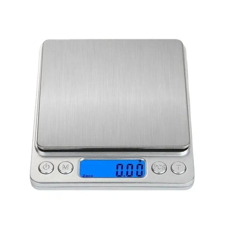 Brushed silver digital kitchen jewelry scale with blue lcd display
