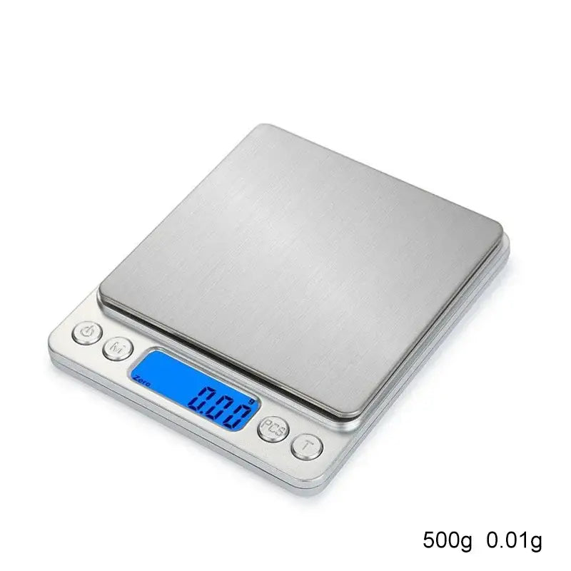 Brushed silver digital kitchen jewelry scale with blue lcd display