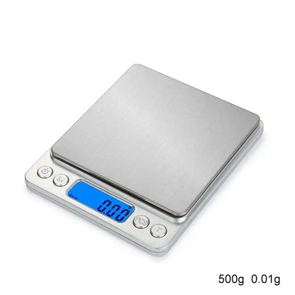 Brushed silver digital kitchen jewelry scale with blue lcd display