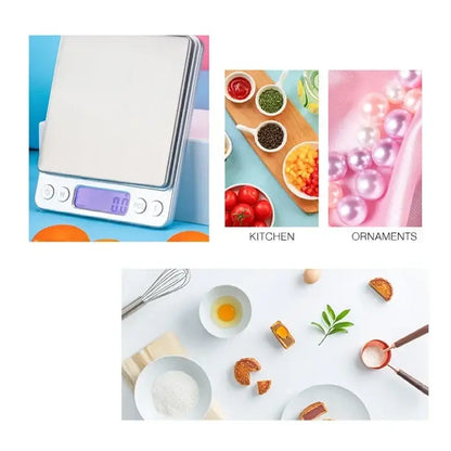 Brushed silver digital kitchen jewelry scale with blue lcd display