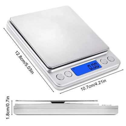 Brushed silver digital kitchen jewelry scale with blue lcd display