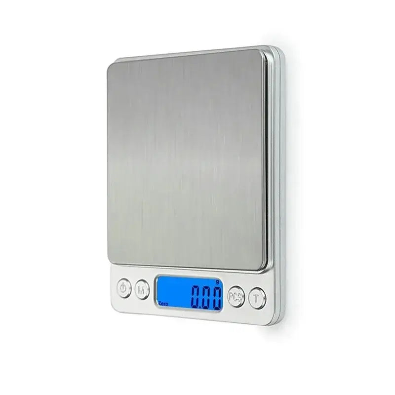 Brushed silver digital kitchen jewelry scale with blue lcd display