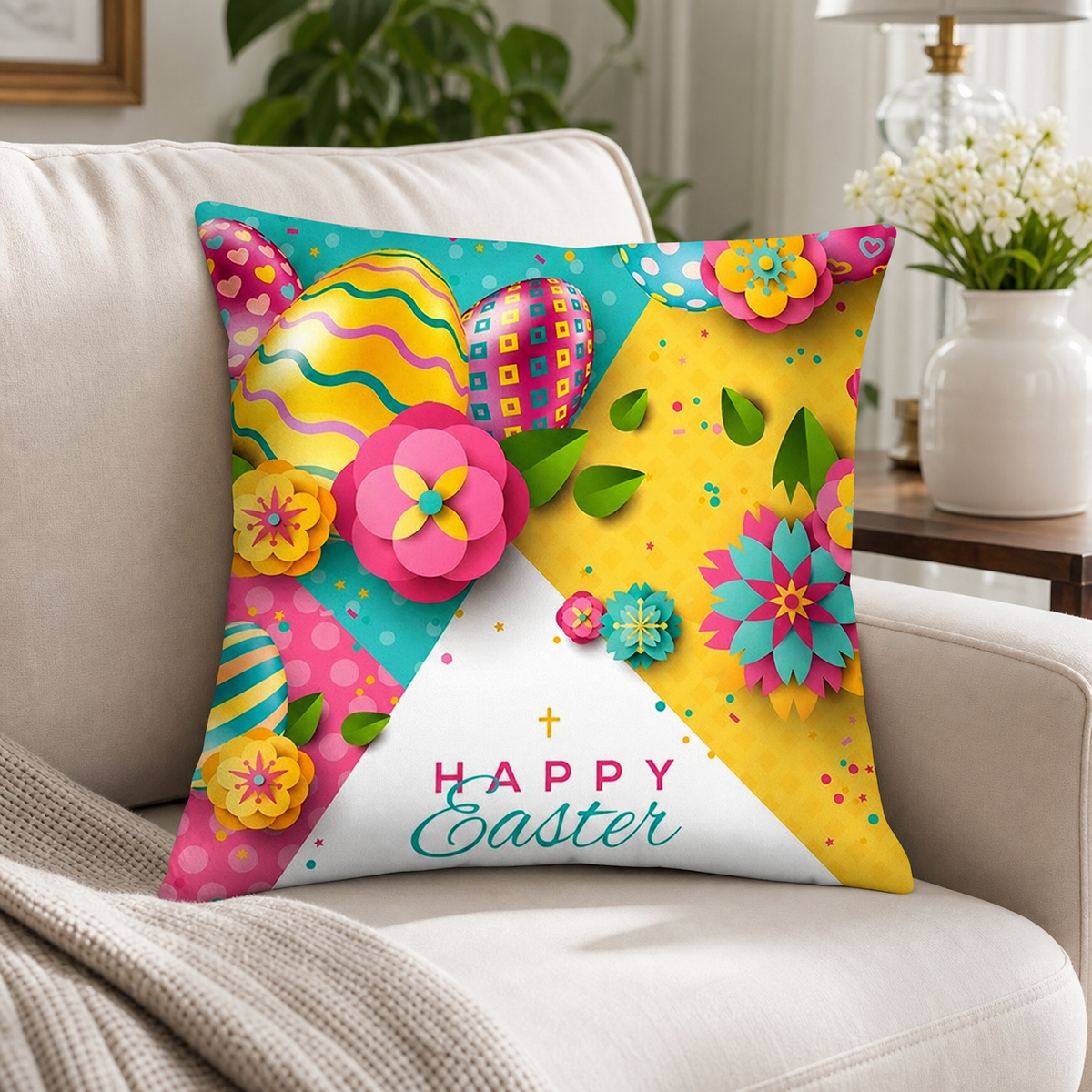 Flowers and Eggs Easter Throw Cushion Pillow Cover