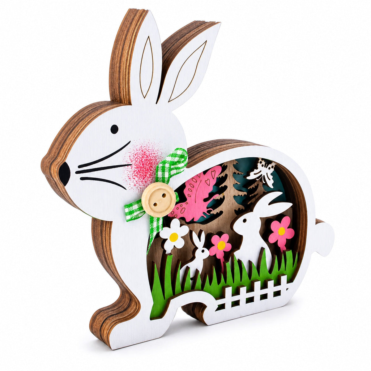 Bunny Shape Spring Garden with Butterflies Wooden Figurine