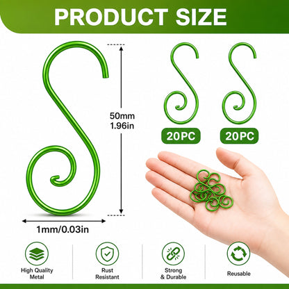 Set of 20 Green Metal Wire Spiral Christmas Ornaments Hooks Hangers S-Shaped 1.96 Inches