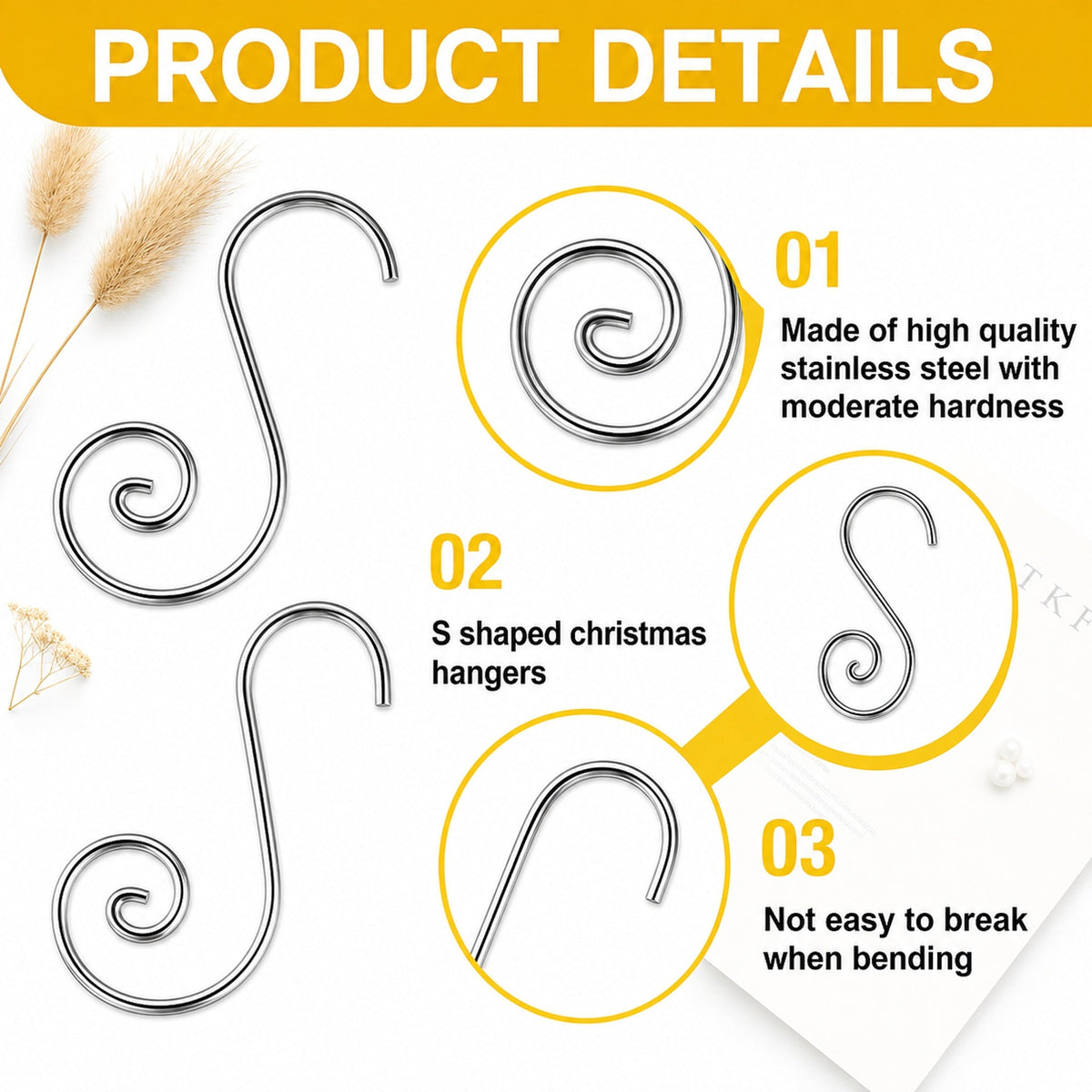 Set of 20 Silver Metal Wire Spiral Christmas Ornaments Hooks Hangers S-Shaped 1.96 Inches