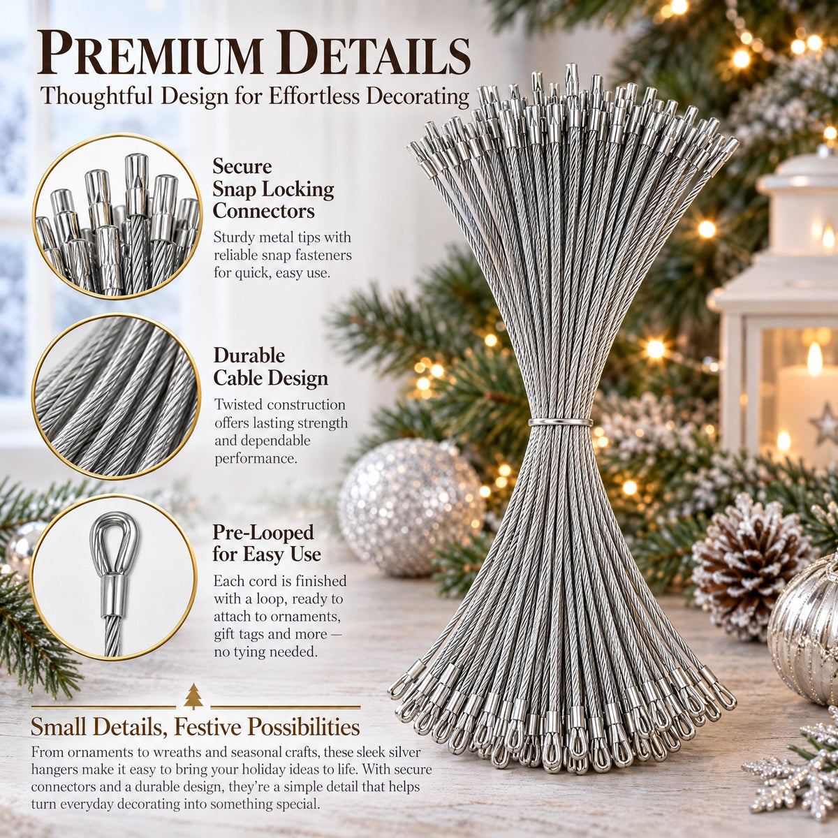 Set of 100 Silver Christmas Ornaments Cords Strings Hangers 7.9 Inches