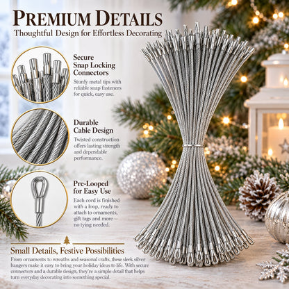 Set of 100 Silver Christmas Ornaments Cords Strings Hangers 7.9 Inches
