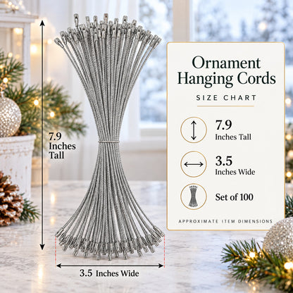 Set of 100 Silver Christmas Ornaments Cords Strings Hangers 7.9 Inches