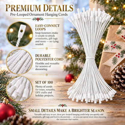 Set of 100 White Christmas Ornaments Cords Strings Hangers 7.9 Inches