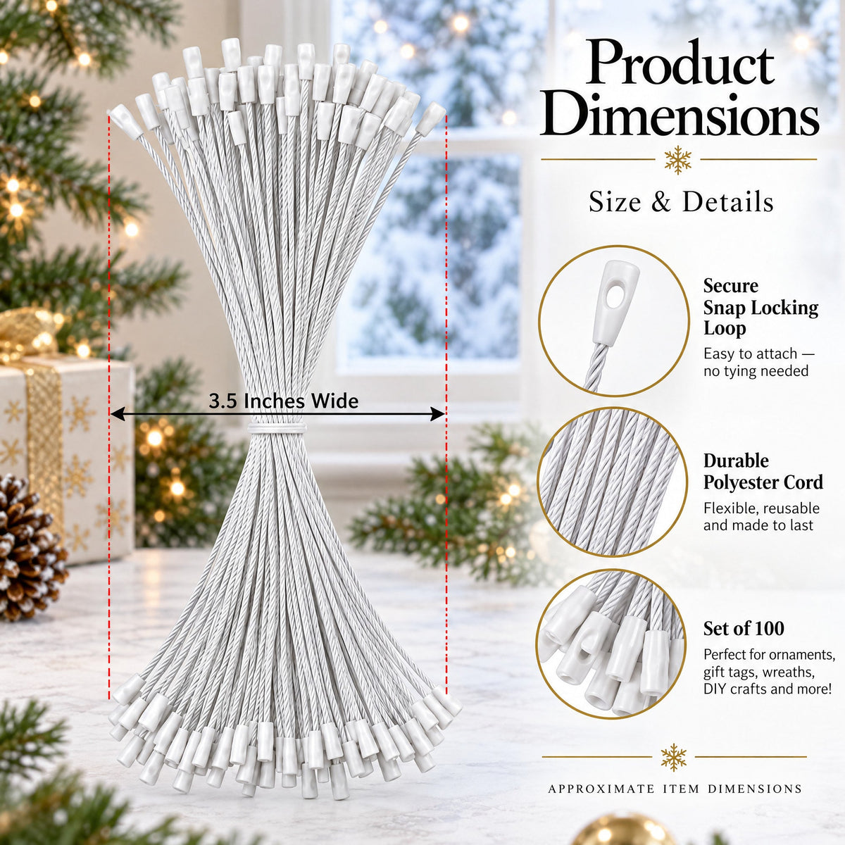 Set of 100 White Christmas Ornaments Cords Strings Hangers 7.9 Inches