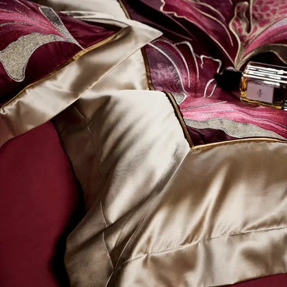 Burgundy & gold ginkgo biloba egyptian cotton bedding set bedroom
