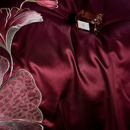Burgundy & gold ginkgo biloba egyptian cotton bedding set bedroom