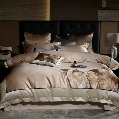 Burgundy & gold ginkgo biloba egyptian cotton bedding set bedroom