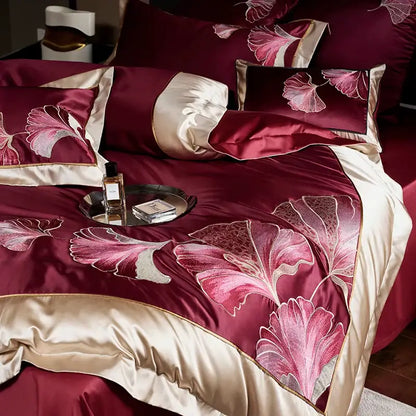 Burgundy & gold ginkgo biloba egyptian cotton bedding set bedroom